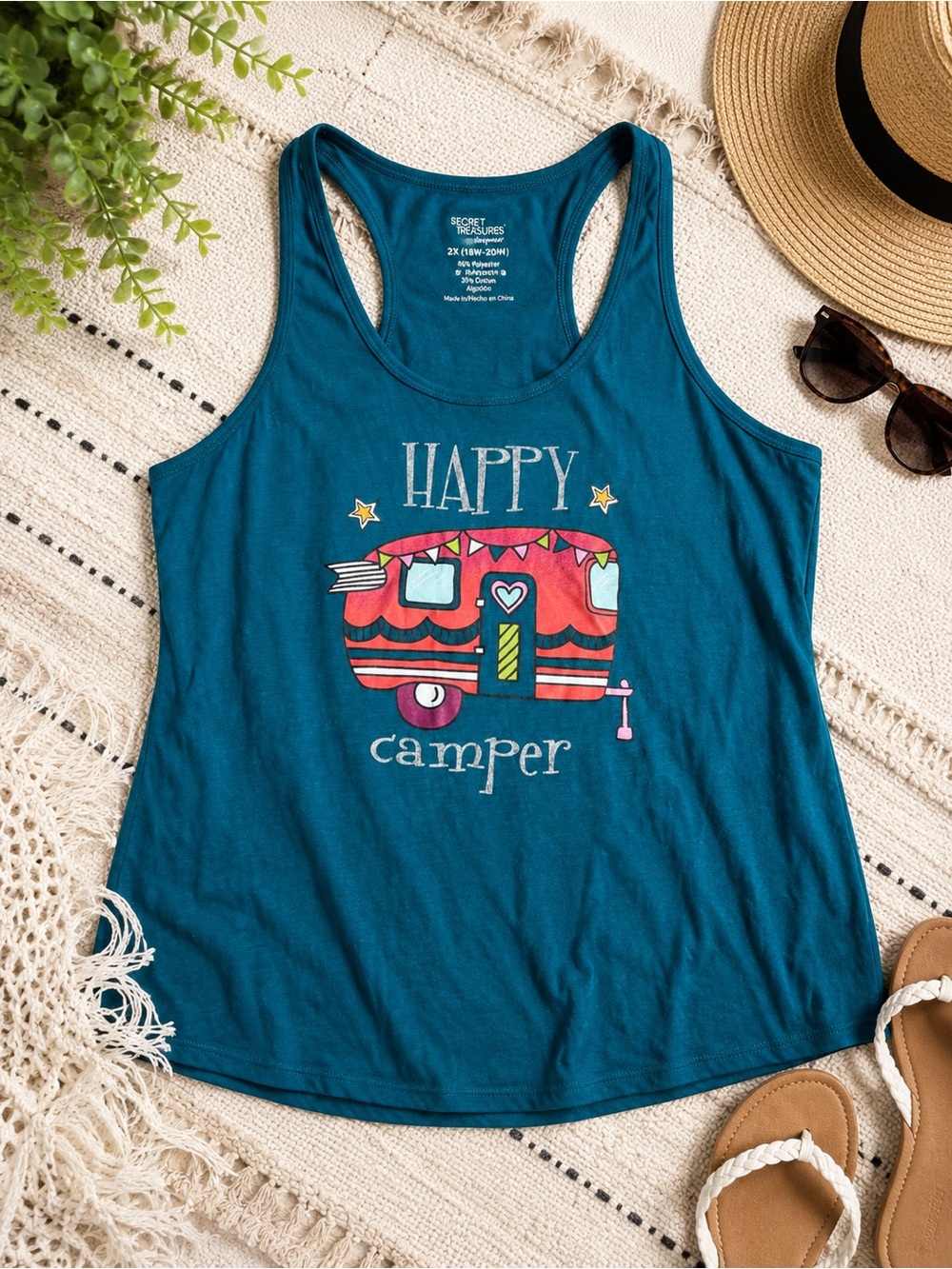 Secret Treasures Happy Camper Graphic Racerback Tank Top Teal Plus Size 2X